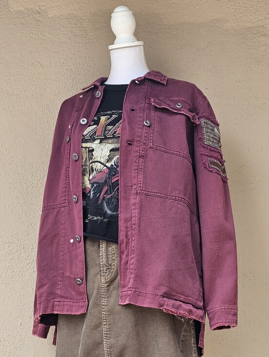 Free People Jackets & Blazers - Free People Buttom Down Maroon Shacket W/ Beaded Patch Sz XS